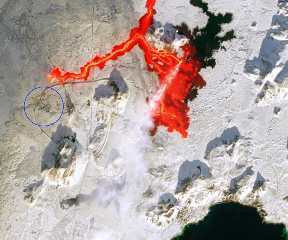 closeup of a satellite image of a volcanic eruption on Iceland's Reykjanes Peninsula