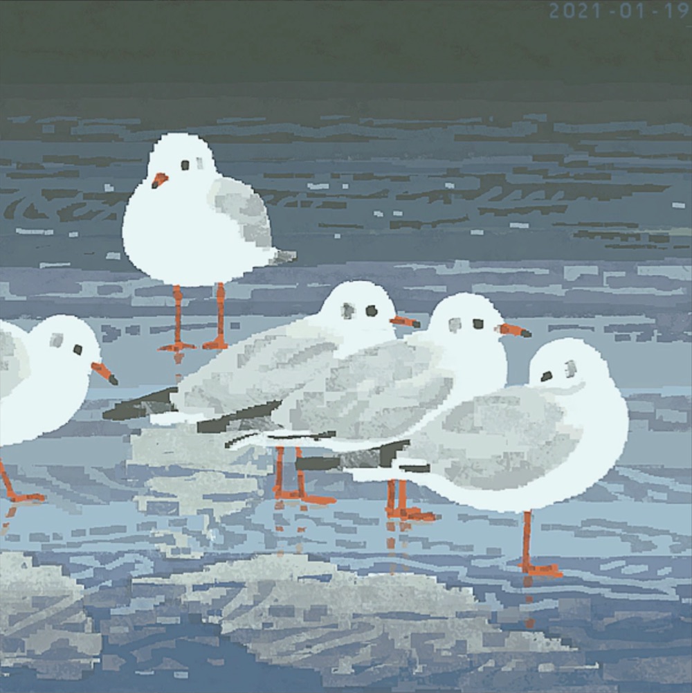 pixel illustration of some birds on a beach