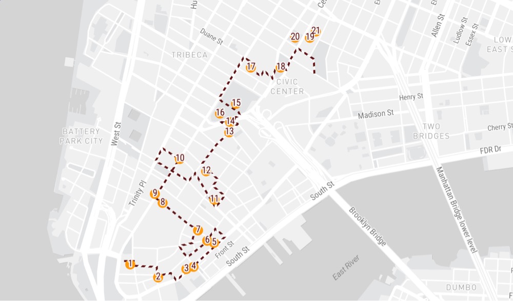 a map of a walking tour of slavery & resistance in NYC