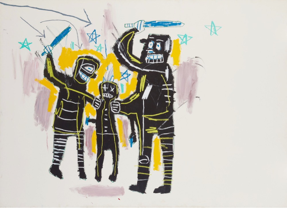 painting by Jean-Michel Basquiat that features two large figures accosting a smaller figure