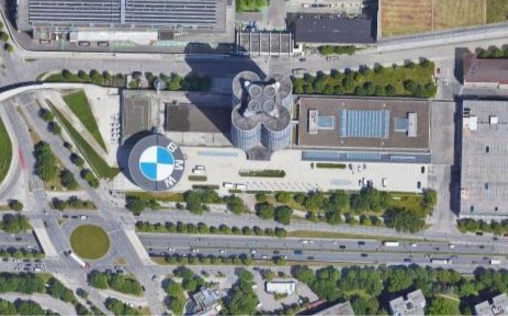 satellite image of the BMW Museum with a BMW logo on the roof