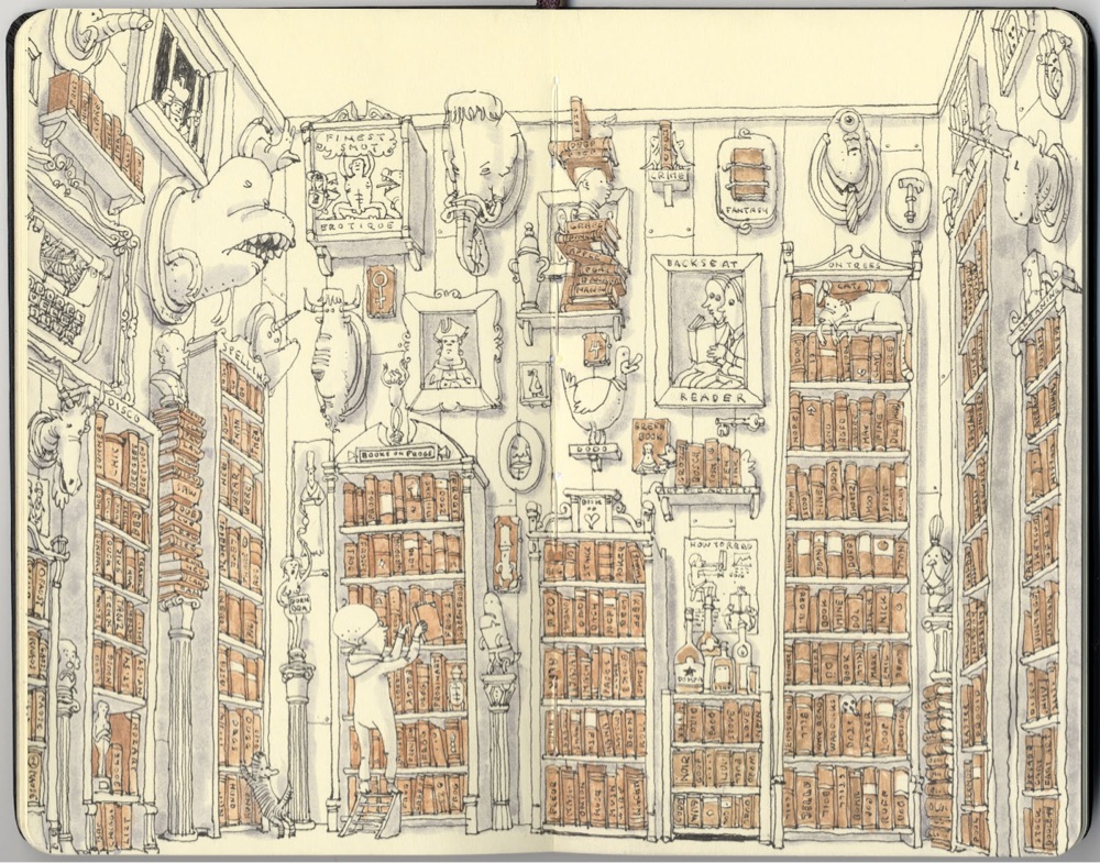 illustration of a room with several very tall bookshelves