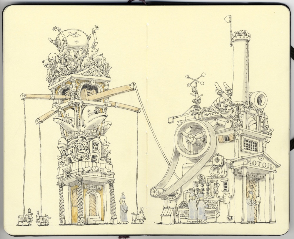 illustration of two tall steampunk machines