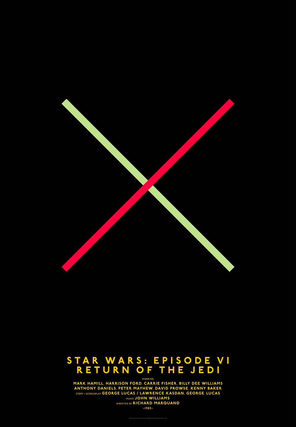 movie poster for Return of the Jedi featuring two colored lines representing light sabers