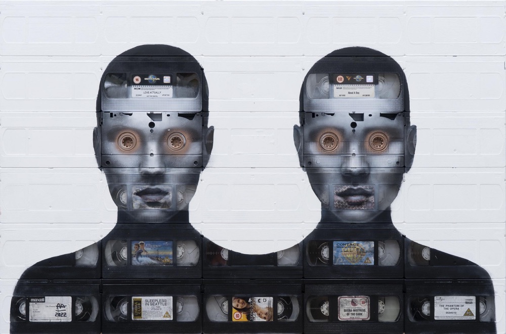 portrait of a twop people's heads made out of cassette tapes and VHS tapes