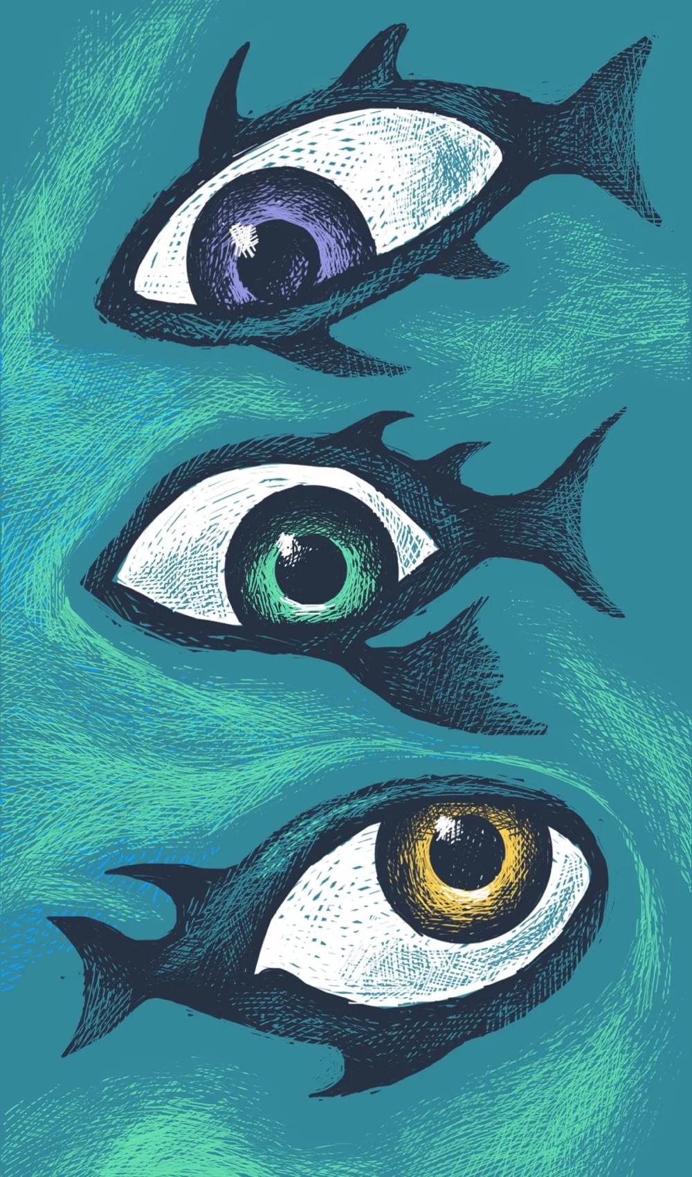 drawing of three large eyes as the bodies of fish