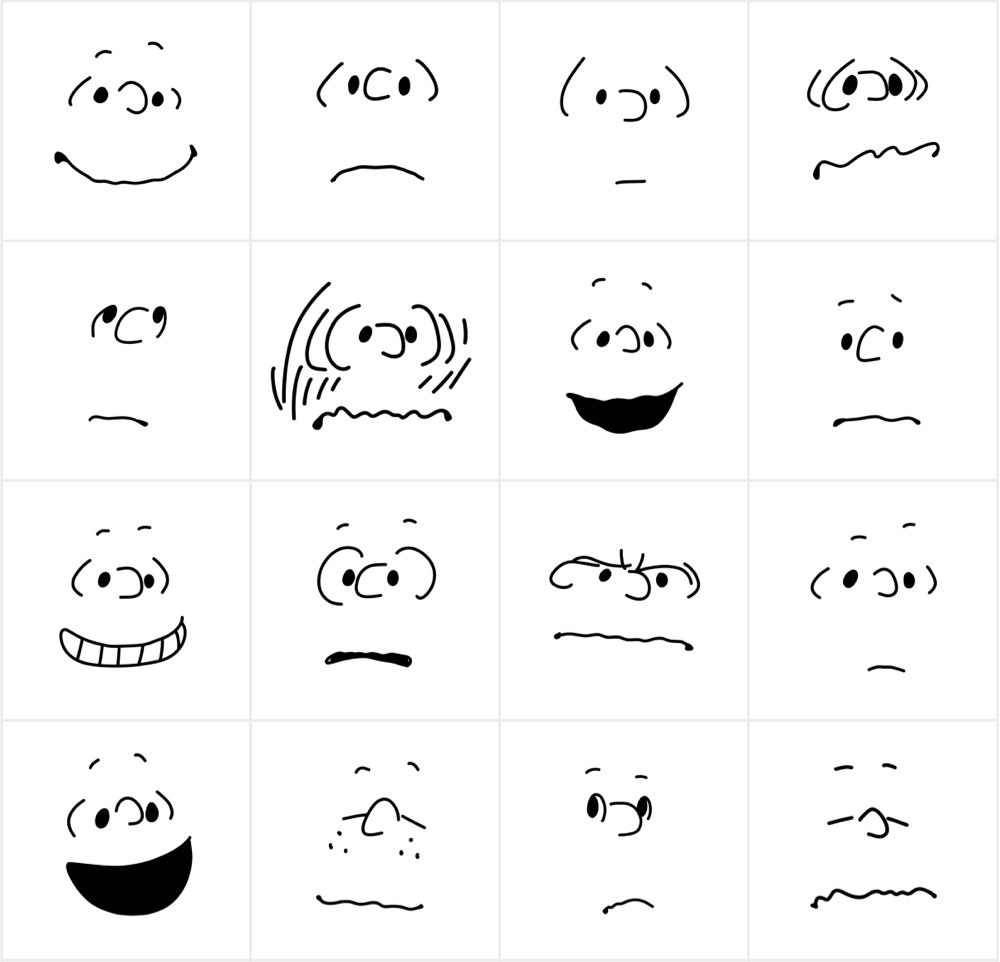 different faces drawn for Peanuts comic strip characters
