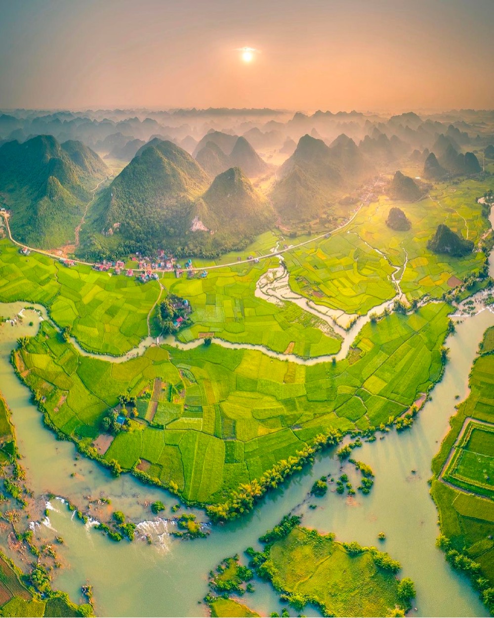 panoramic drone photo of a green mountainous landscape in Vietnam