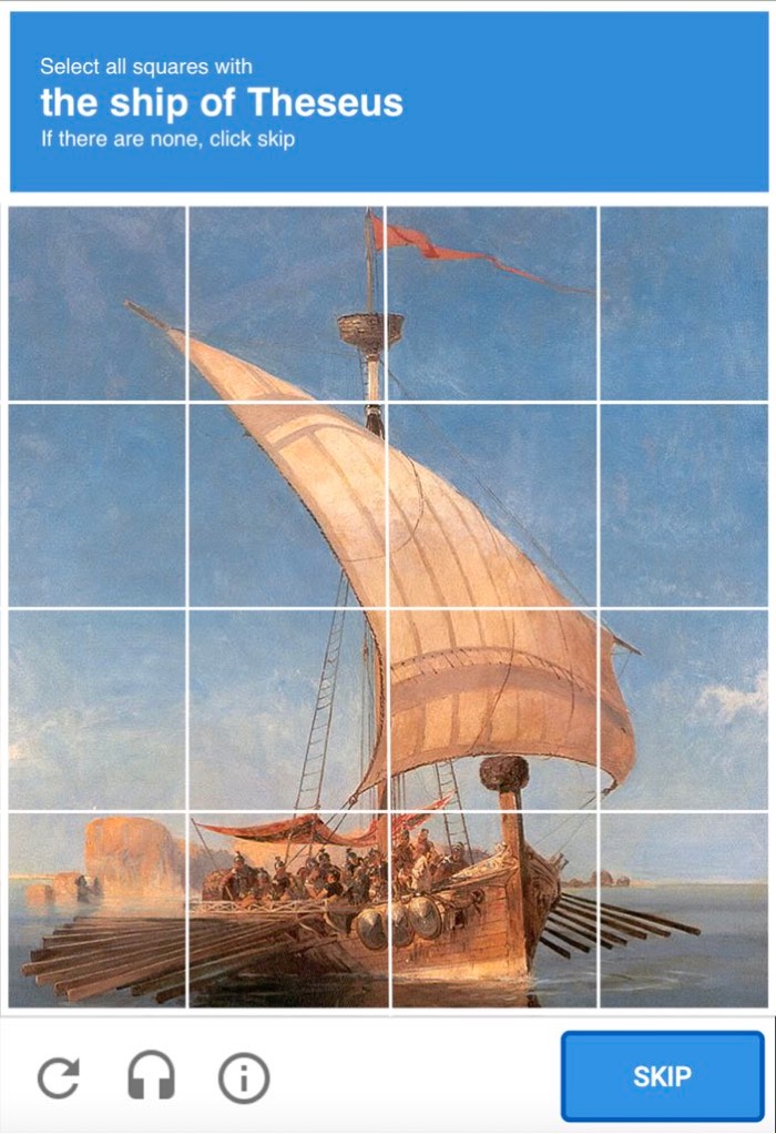 an image CAPTCHA of the Ship of Theseus