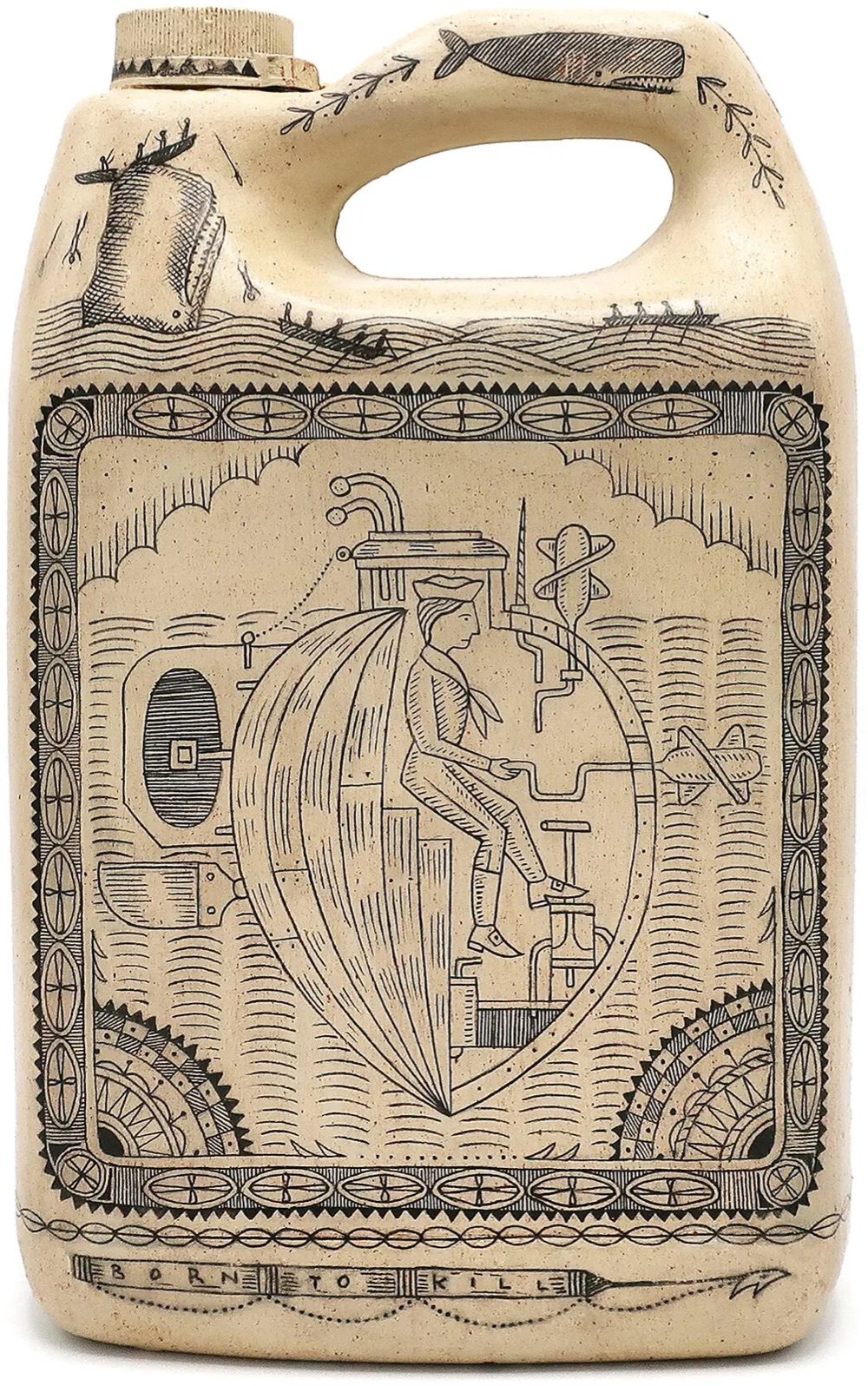 scrimshaw art etched onto a plastic jug