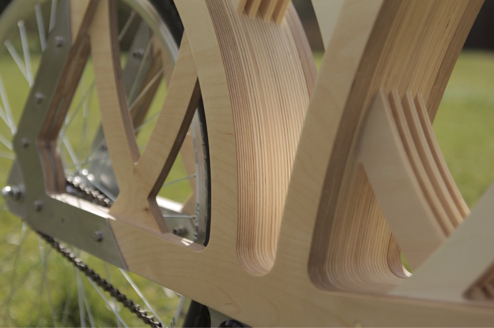 detailed view of the frame of an ebike made of plywood