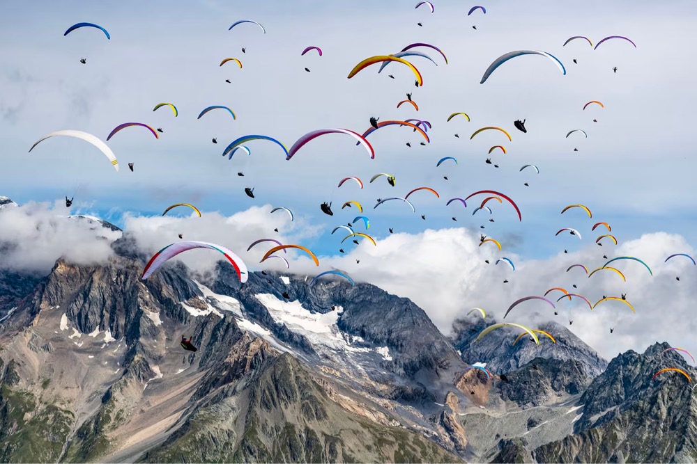 dozens of paragliders fly in the air over the mountains