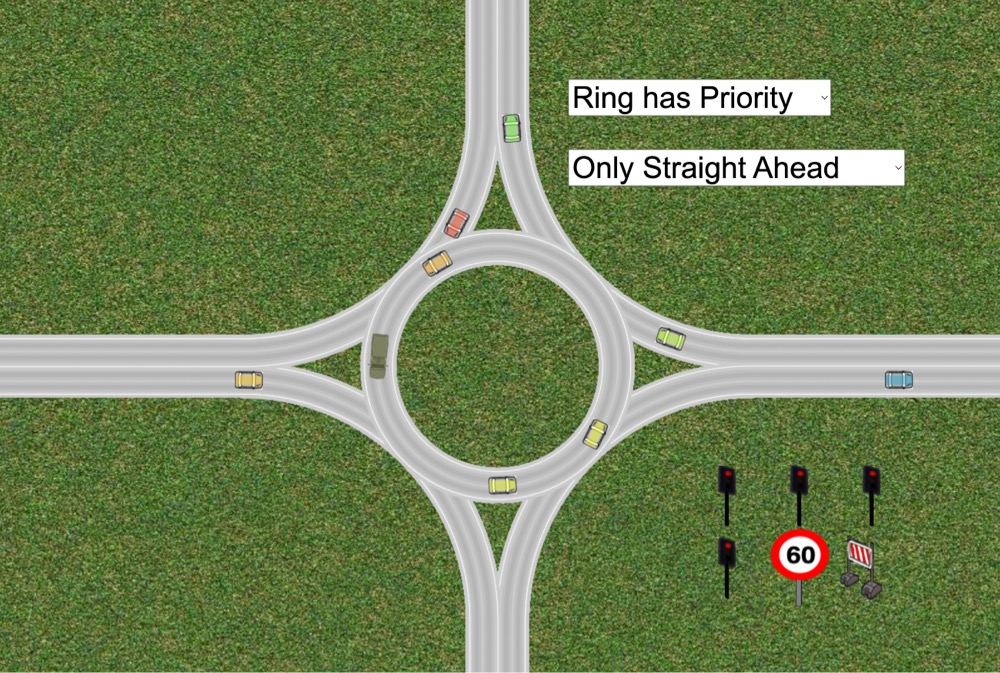 screenshot of a roundabout from an online traffic simulator
