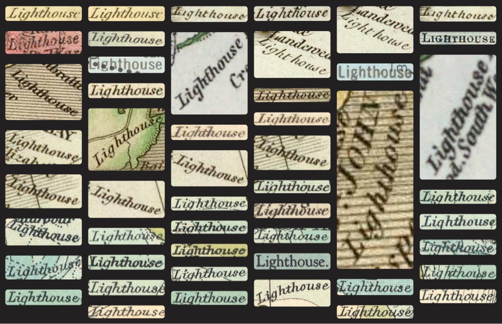 snippets of maps that say the word 'lighthouse'
