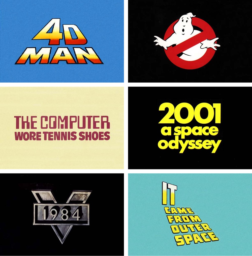 a collection of sci-fi movie logos, including ones from 4D Man, Ghostbusters, The Computer Wore Tennis Shoes, 2001, 1984, and It Came From Outer Space