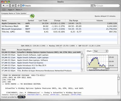 Safari with Stocks application loaded into the browser window