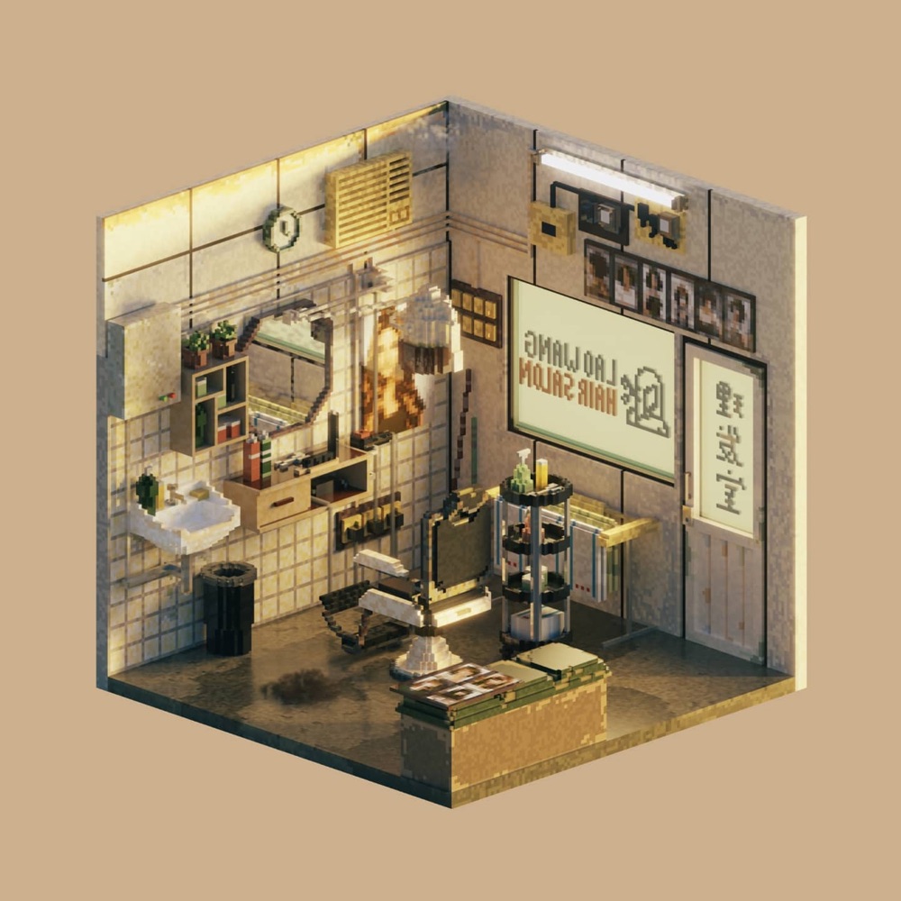 3D pixel illustration of a barber shop