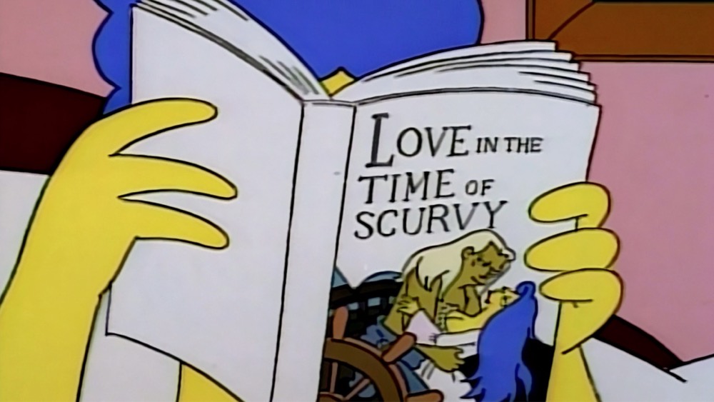 Marge Simpson reading a book called Love in the Time of Scurvy