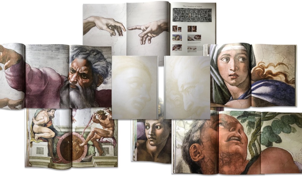 page spreads from a book featuring photos of the Sistine Chapel