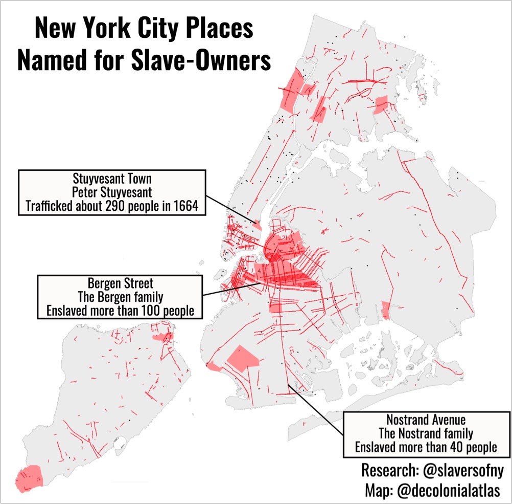 map of New York City places named for slave owners