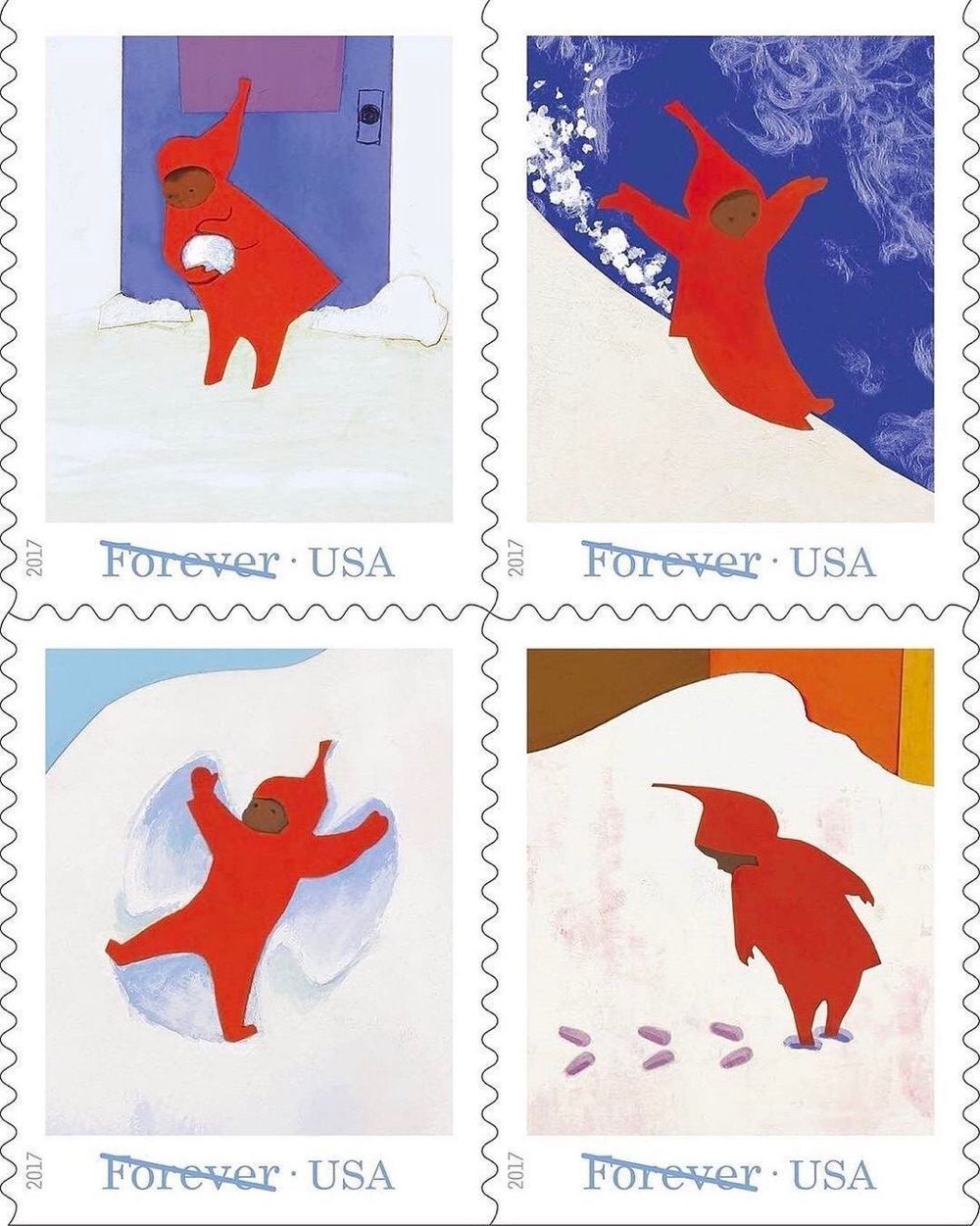four USPS stamps featuring the boy from The Snowy Day by Ezra Jack Keats