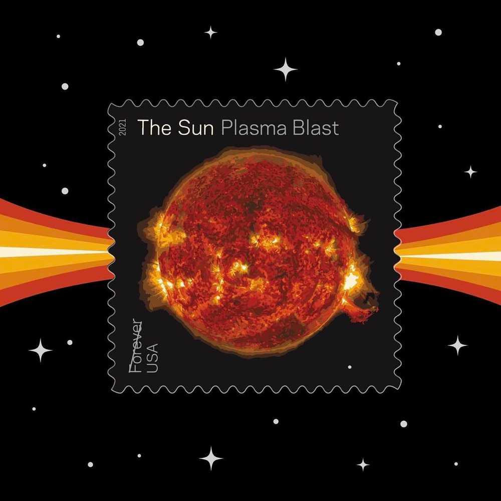 postage stamp with an image of a plasma blast from the Sun