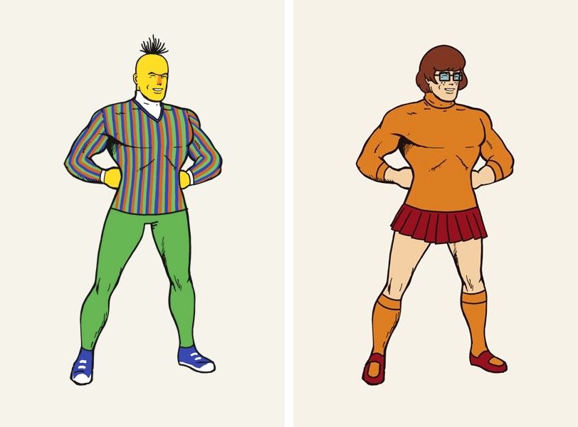 Bert from Sesame Street and Velma from Scooby Doo posed like Superman