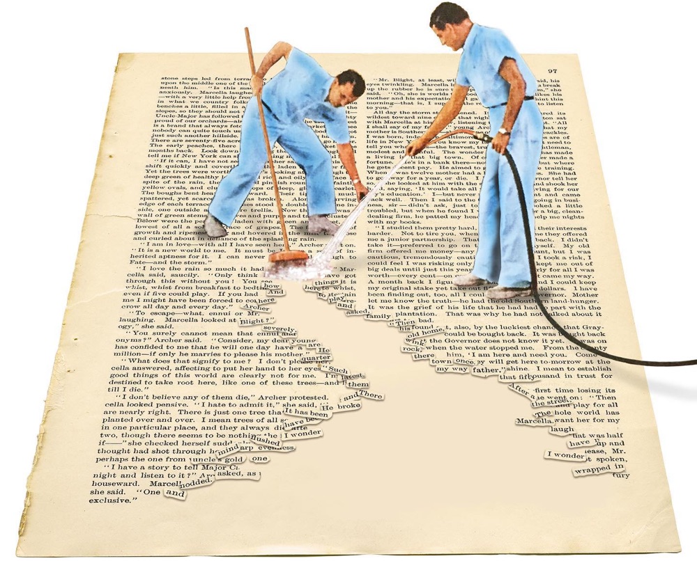 two men appear to be cleaning the words off of a book page