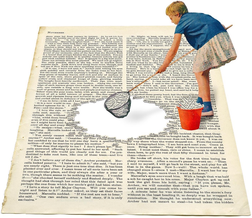 a child fishes words off of the page of a book with a net