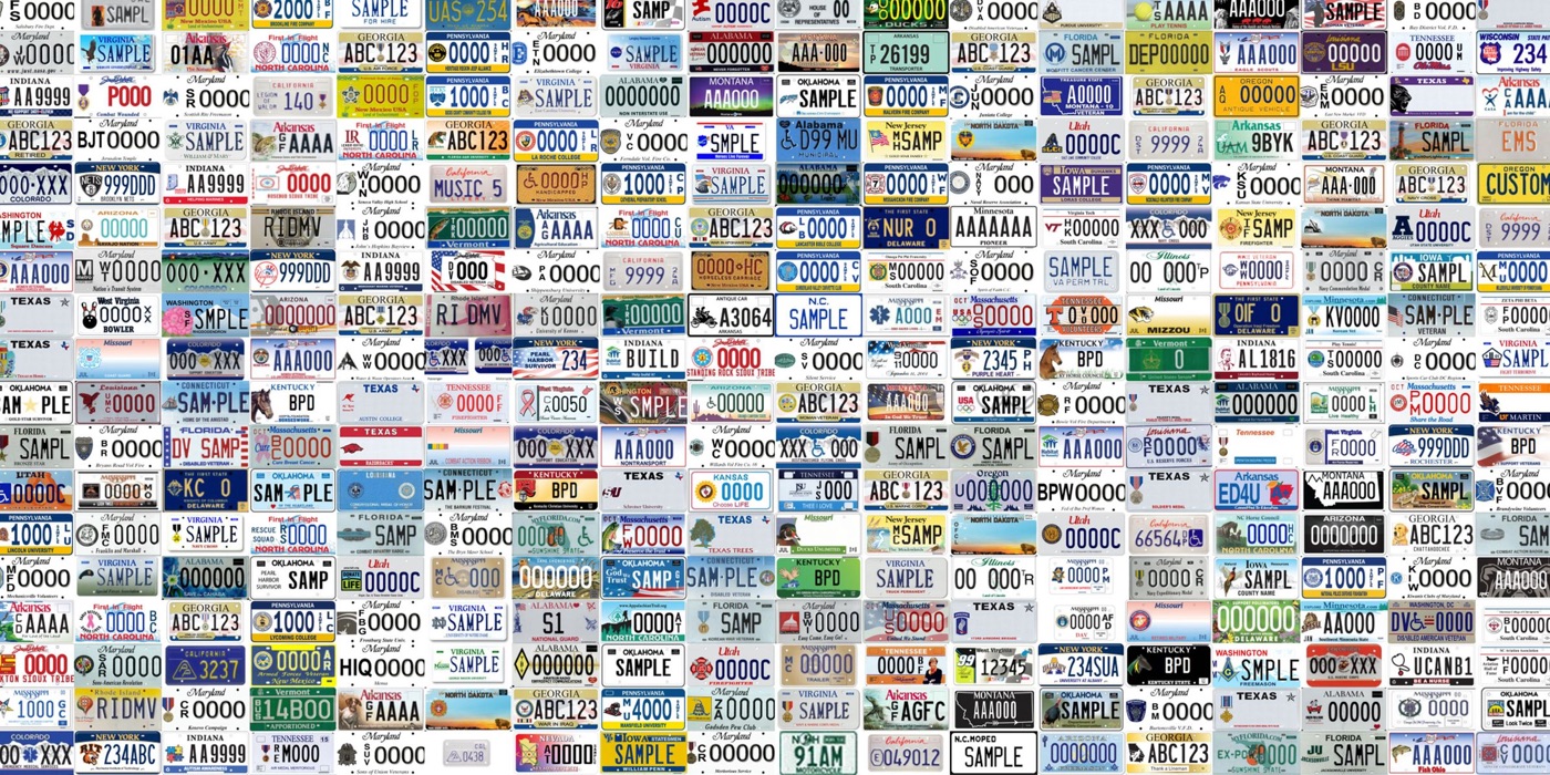 a mosaic of hundreds of sample US license plates