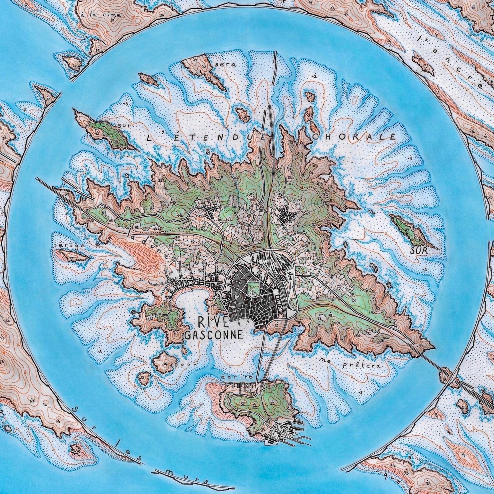 map of a fictional island surrounded by a circular sea