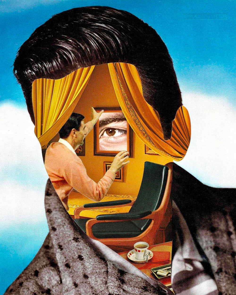 hand-cut collages with a face replaced with various other scenes/objects