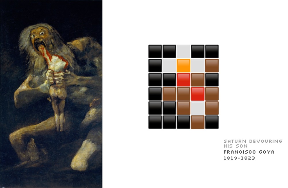 Goya's Saturn Devouring His Son rendered in a 5x6 pixel grid