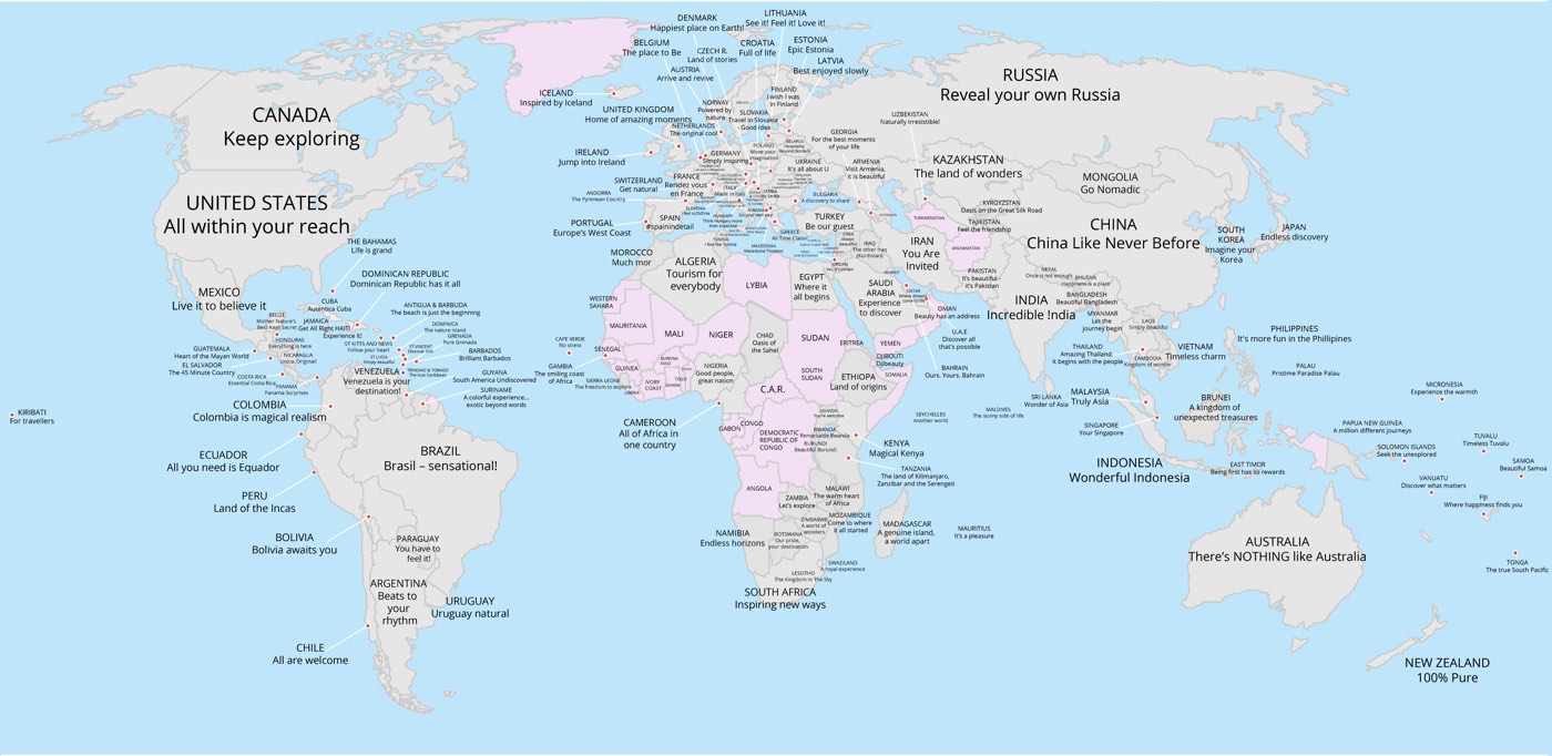 A World Map Of Every Country S Tourism Slogan